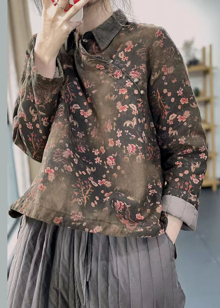 Vintage Red Peter Pan Collar Print Cotton Filled Linen Shirt Tops Winter - Down Jackets - DYAVOR®