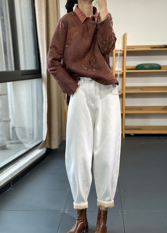 Vintage Red Peter Pan Collar Print Cotton Filled Linen Shirt Tops Winter - Down Jackets - DYAVOR®