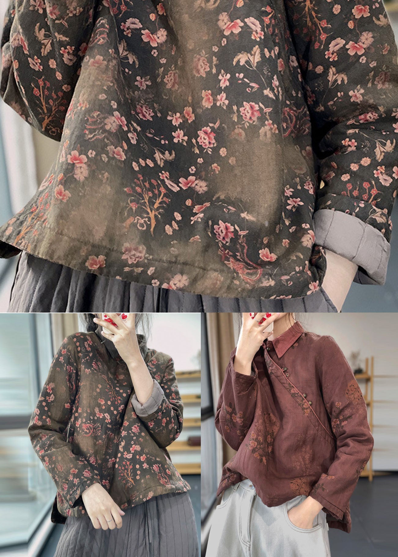 Vintage Red Peter Pan Collar Print Cotton Filled Linen Shirt Tops Winter - Down Jackets - DYAVOR®