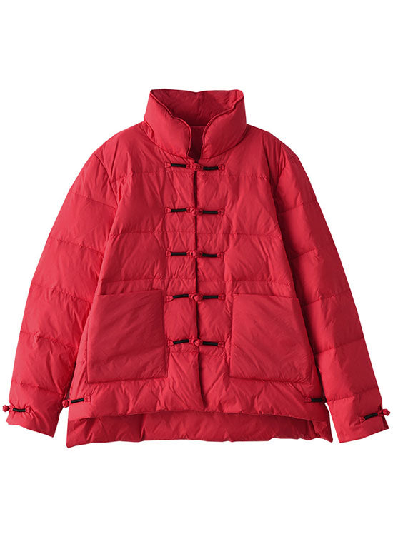 Vintage Red Stand Collar Button Pockets low high design Winter Down Coat - Down Jackets - DYAVOR®