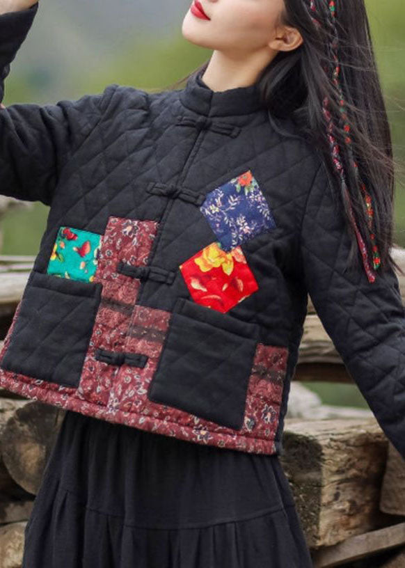 Vintage Red Stand Collar Pockets Patchwork Applique Fine Cotton Filled Coats Winter - Down Jackets - DYAVOR®