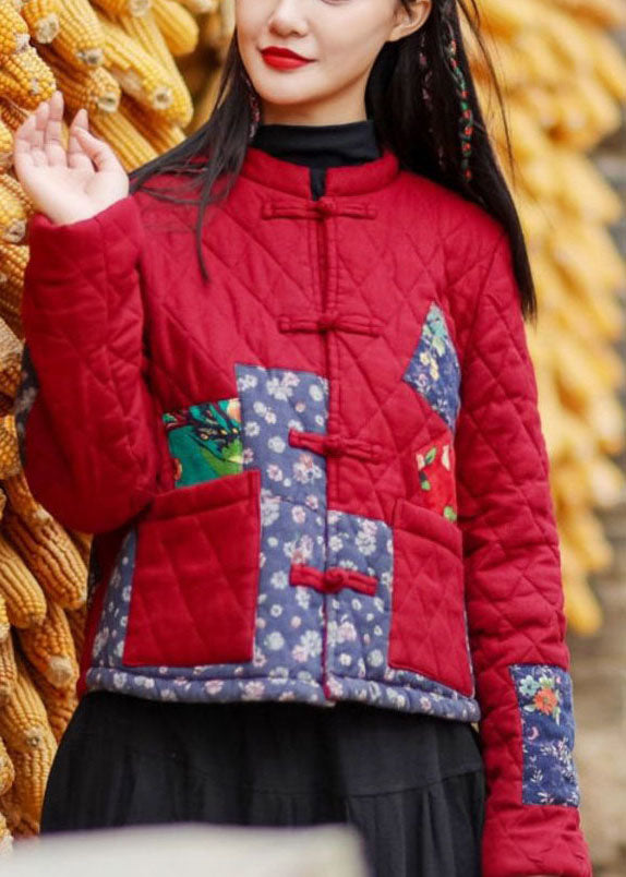 Vintage Red Stand Collar Pockets Patchwork Applique Fine Cotton Filled Coats Winter - Down Jackets - DYAVOR®
