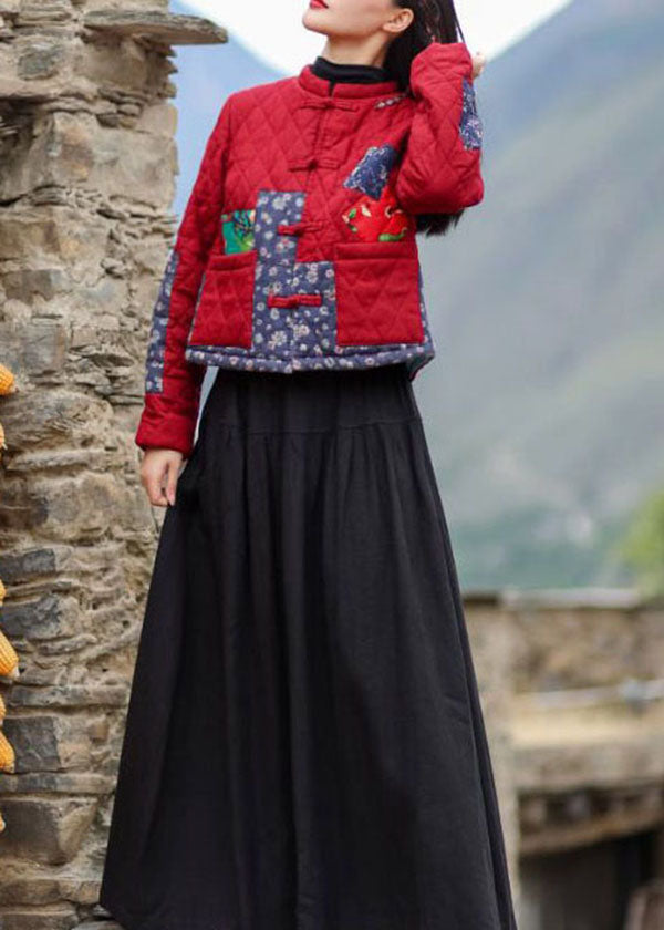 Vintage Red Stand Collar Pockets Patchwork Applique Fine Cotton Filled Coats Winter - Down Jackets - DYAVOR®