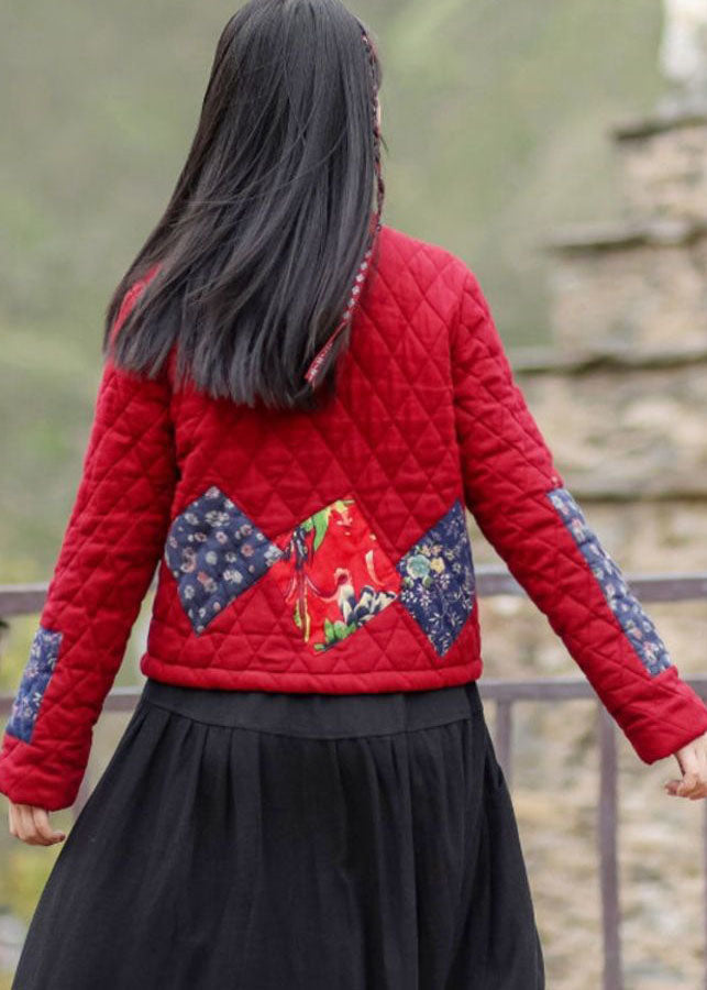 Vintage Red Stand Collar Pockets Patchwork Applique Fine Cotton Filled Coats Winter - Down Jackets - DYAVOR®