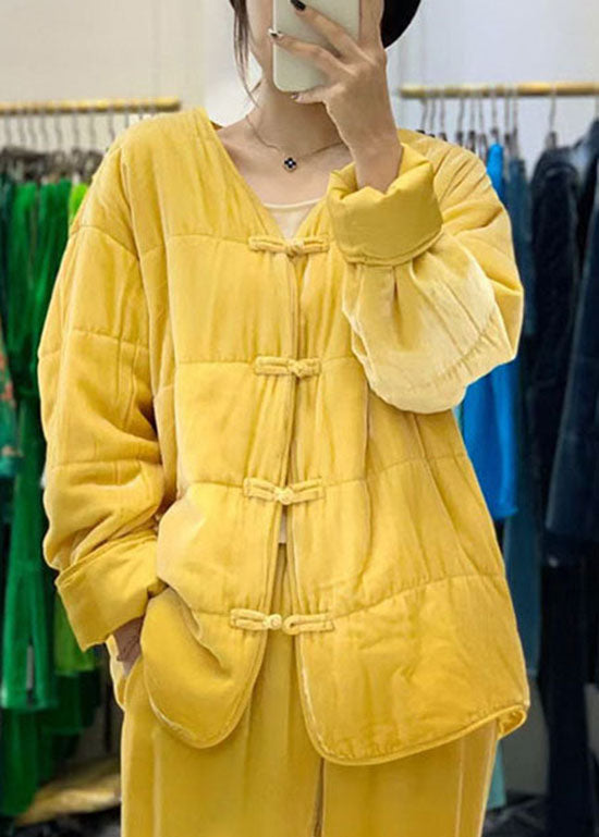 Vintage Yellow button V Neck Fine Cotton Filled coats Winter - Down Jackets - DYAVOR®