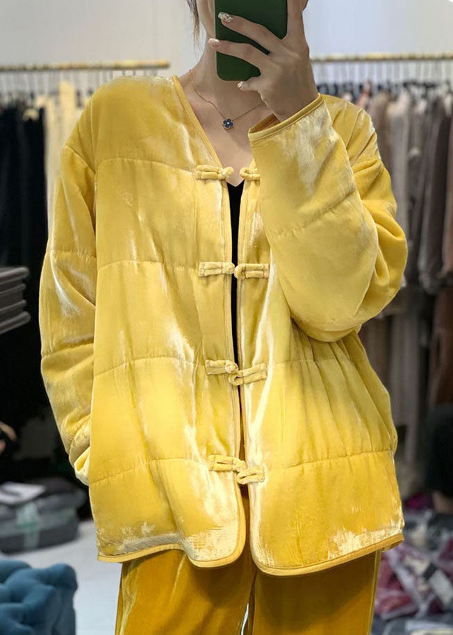 Vintage Yellow button V Neck Fine Cotton Filled coats Winter - Down Jackets - DYAVOR®