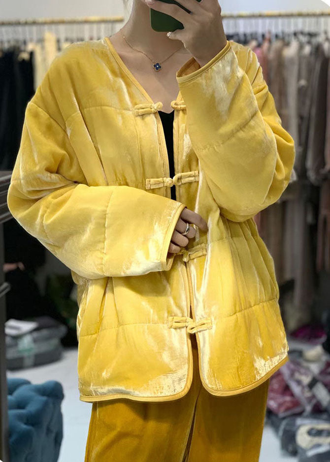 Vintage Yellow button V Neck Fine Cotton Filled coats Winter - Down Jackets - DYAVOR®