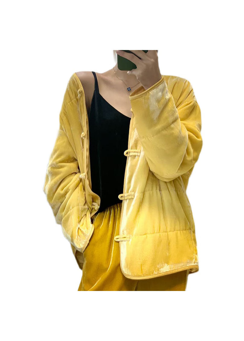 Vintage Yellow button V Neck Fine Cotton Filled coats Winter - Down Jackets - DYAVOR®