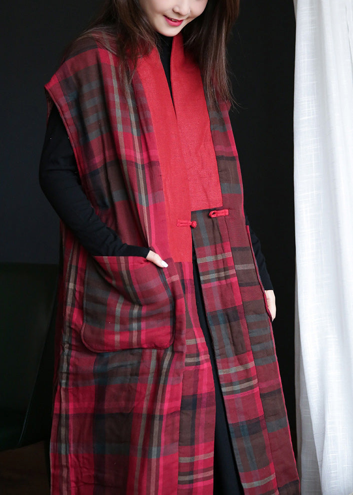 Vogue Red V Neck Plaid Button Warm Fleece Waistcoat Winter - Down Jackets - DYAVOR®