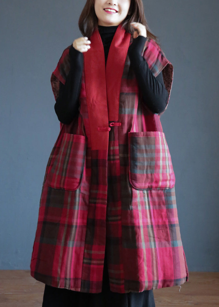 Vogue Red V Neck Plaid Button Warm Fleece Waistcoat Winter - Down Jackets - DYAVOR®