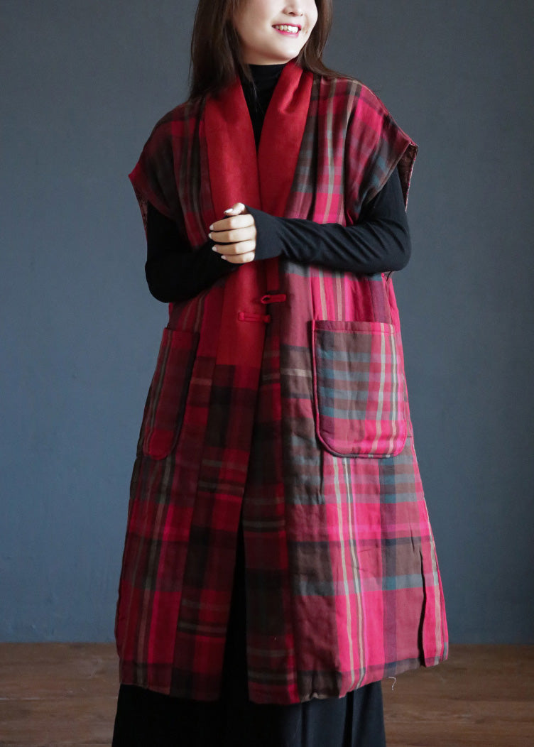 Vogue Red V Neck Plaid Button Warm Fleece Waistcoat Winter - Down Jackets - DYAVOR®