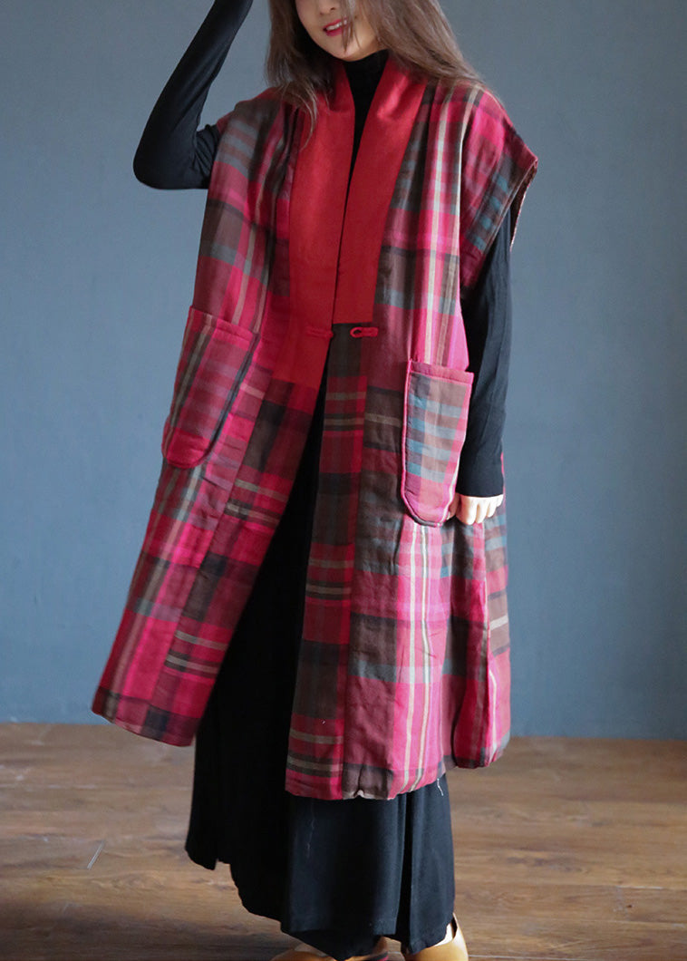 Vogue Red V Neck Plaid Button Warm Fleece Waistcoat Winter - Down Jackets - DYAVOR®