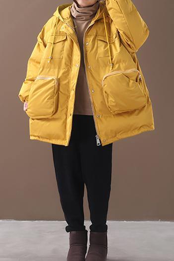 Warm Loose-fitting snow jackets drawstring hem outwear yellow hooded women short coats - - DYAVOR®