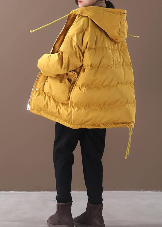 Warm Loose-fitting snow jackets drawstring hem outwear yellow hooded women short coats - - DYAVOR®