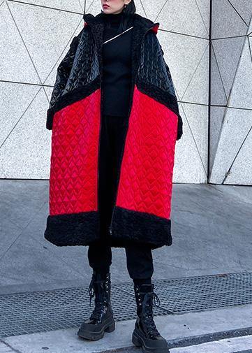 Warm plus size down jacket hooded coats red patchwork casual outfit - - DYAVOR®