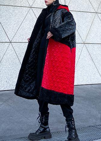 Warm plus size down jacket hooded coats red patchwork casual outfit - - DYAVOR®