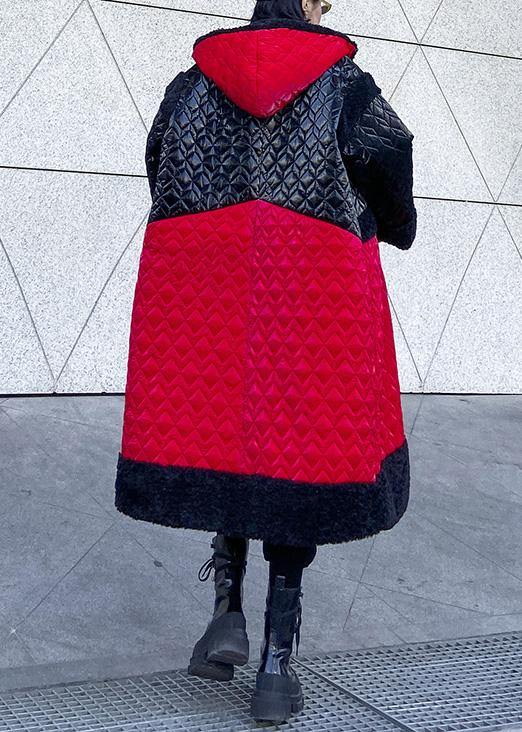 Warm plus size down jacket hooded coats red patchwork casual outfit - - DYAVOR®