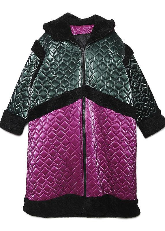 Warm plus size down jacket hooded coats red patchwork casual outfit - - DYAVOR®