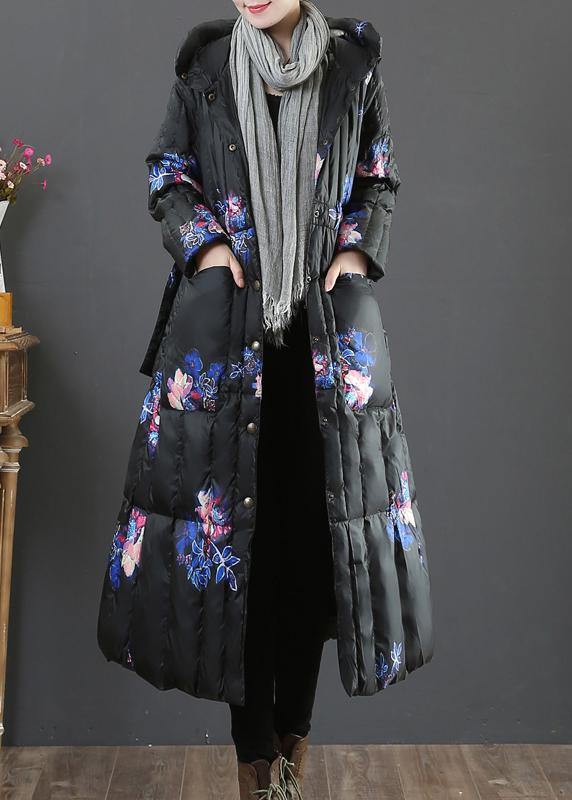 Warm plus size womens parka coats black print hooded pockets goose Down coat - - DYAVOR®