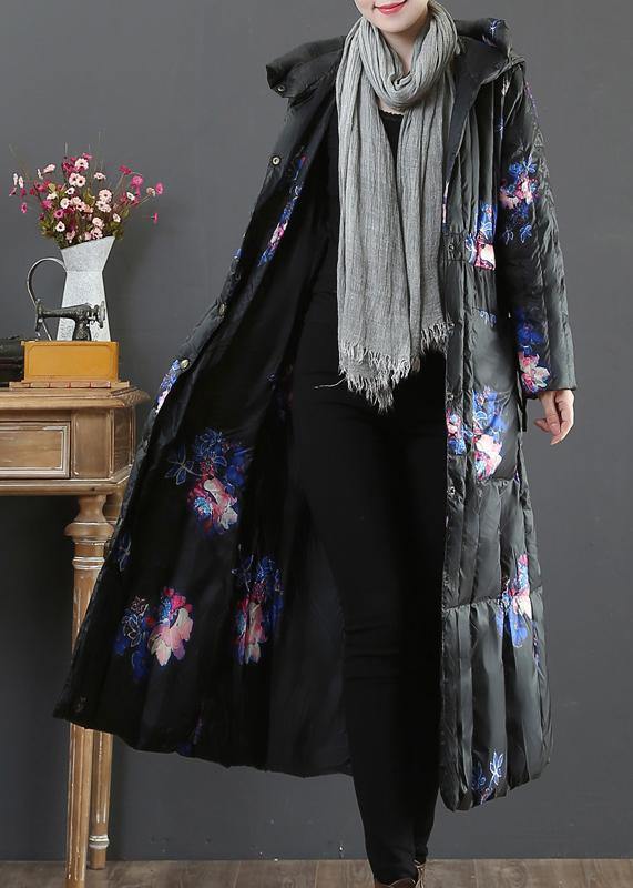Warm plus size womens parka coats black print hooded pockets goose Down coat - - DYAVOR®