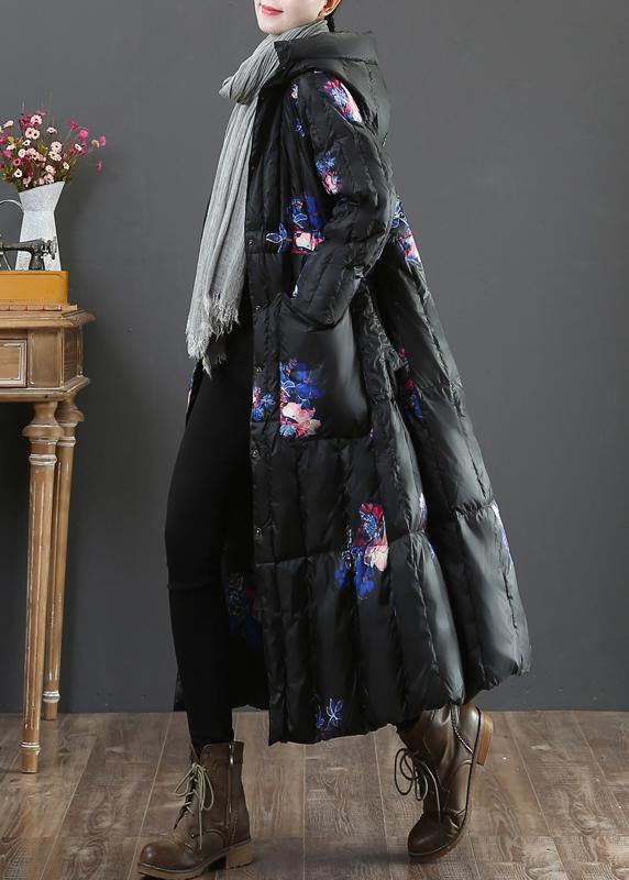 Warm plus size womens parka coats black print hooded pockets goose Down coat - - DYAVOR®