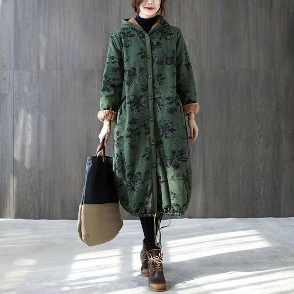 Warm Green Print Parkas For Women Loose Fitting Down Jacket Hooded Pockets Winter Coats - - DYAVOR®