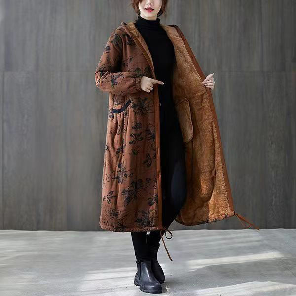 Warm Green Print Parkas For Women Loose Fitting Down Jacket Hooded Pockets Winter Coats - - DYAVOR®