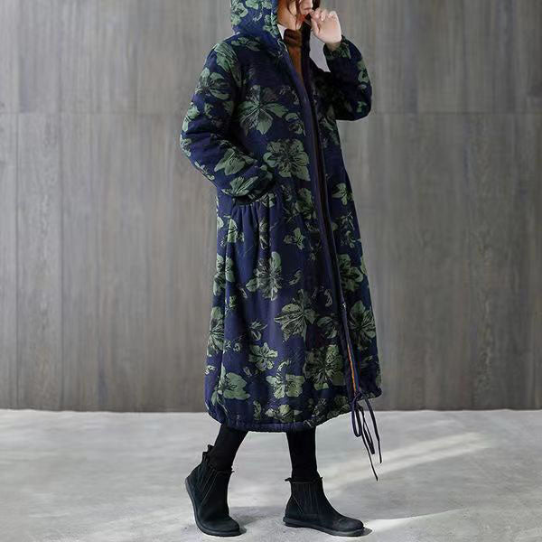 Warm Green Print Parkas For Women Loose Fitting Down Jacket Hooded Pockets Winter Coats - - DYAVOR®