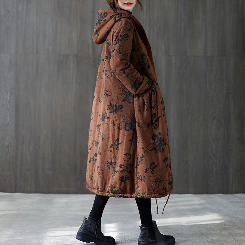 Warm Green Print Parkas For Women Loose Fitting Down Jacket Hooded Pockets Winter Coats - - DYAVOR®