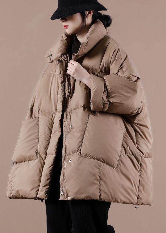 Warm chocolate goose Down coat Loose fitting winter jacket stand collar Large pockets Warm outwear - Down Jackets - DYAVOR®