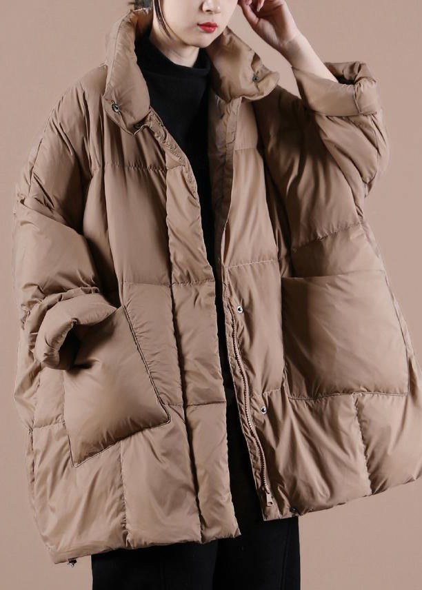 Warm chocolate goose Down coat Loose fitting winter jacket stand collar Large pockets Warm outwear - Down Jackets - DYAVOR®