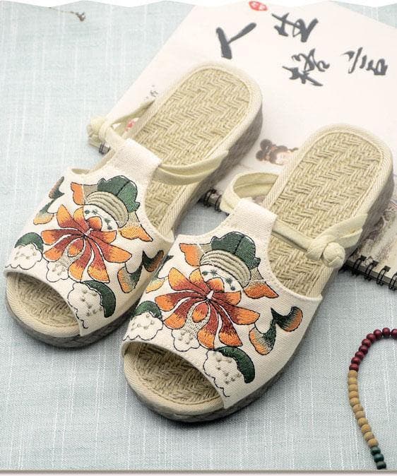 White Embroideried Cotton Flip Flops - Slide Sandals - DYAVOR®