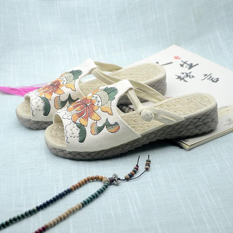 White Embroideried Cotton Flip Flops - Slide Sandals - DYAVOR®