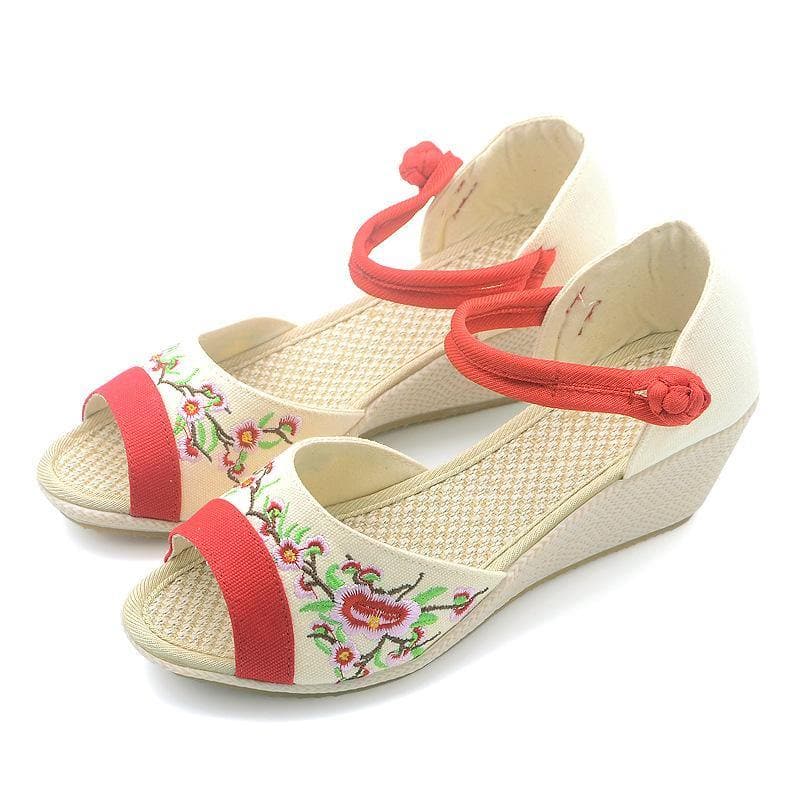 White Embroideried Sandals SplicingBuckle Strap Wedge Sandals - Sandals - DYAVOR®