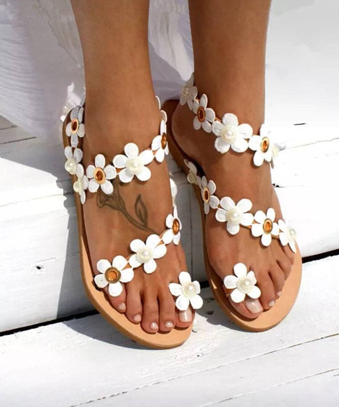 White Flower Faux Leather Sandals Cross Strap Sandals For Women - Sandals - DYAVOR®
