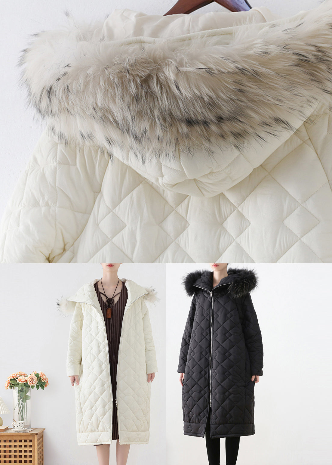 White Fur Collar Zippered Thick Hooded Parka Winter - Down Jackets - DYAVOR®
