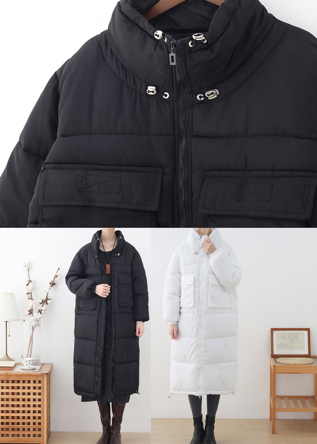 White Stand Collar Drawstring Thick Long Parka Winter - Down Jackets - DYAVOR®