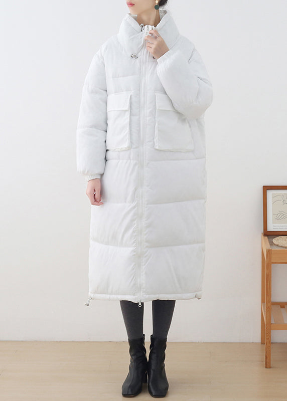 White Stand Collar Zippered Drawstring Thick Parka Long Sleeve - Down Jackets - DYAVOR®