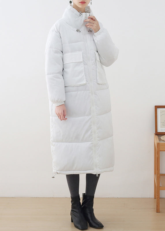 White Stand Collar Zippered Drawstring Thick Parka Long Sleeve - Down Jackets - DYAVOR®