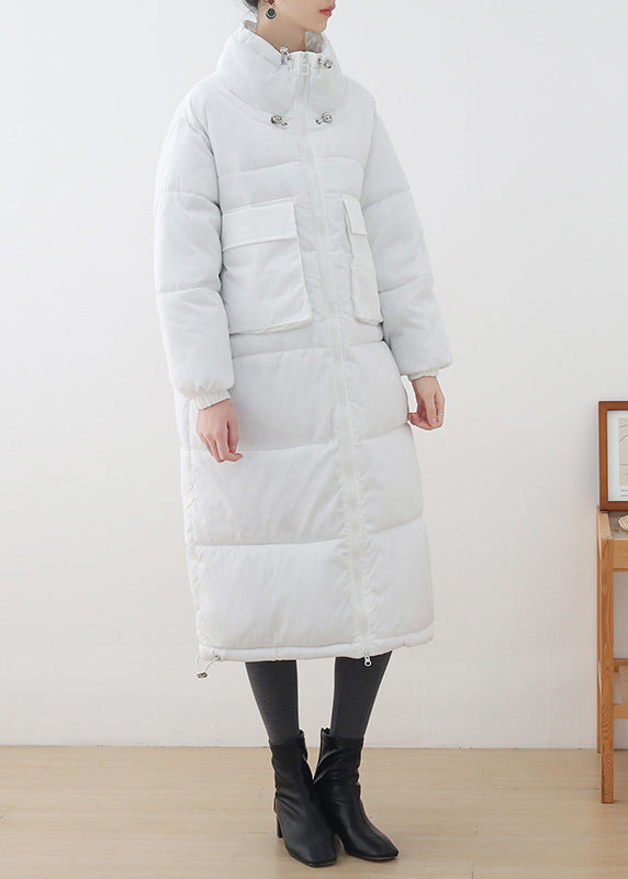 White Stand Collar Zippered Drawstring Thick Parka Long Sleeve - Down Jackets - DYAVOR®