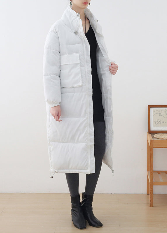 White Stand Collar Zippered Drawstring Thick Parka Long Sleeve - Down Jackets - DYAVOR®