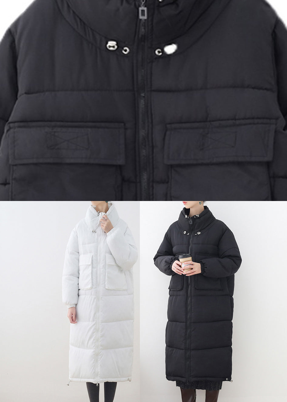 White Stand Collar Zippered Drawstring Thick Parka Long Sleeve - Down Jackets - DYAVOR®