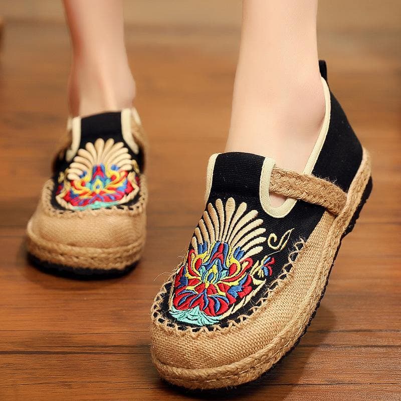Women Flats Black Embroideried Cotton Fabric Flats Shoes - Flats Shoes - DYAVOR®