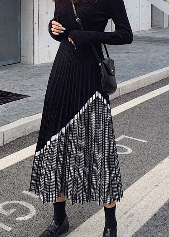 Women Black Patchwork Plaid Knit Skirts Winter - Skirts - DYAVOR®