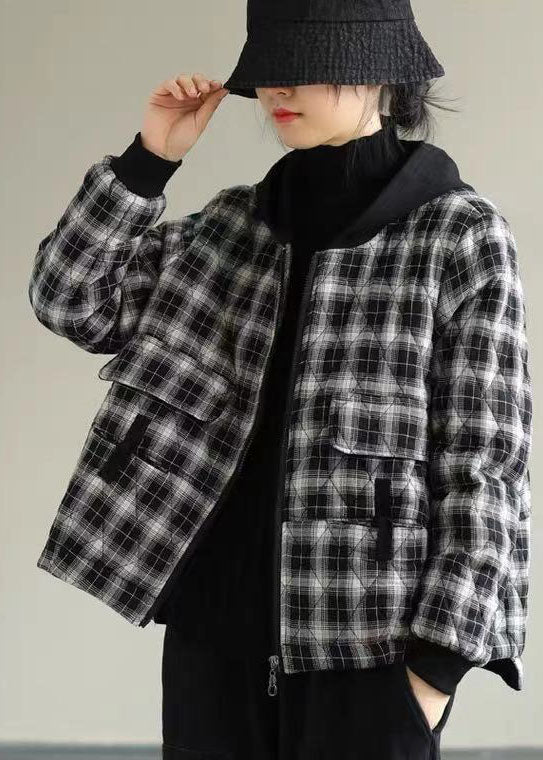 Women Black Plaid Hooded Fine Cotton Filled Puffers Jackets Winter - Down Jackets - DYAVOR®