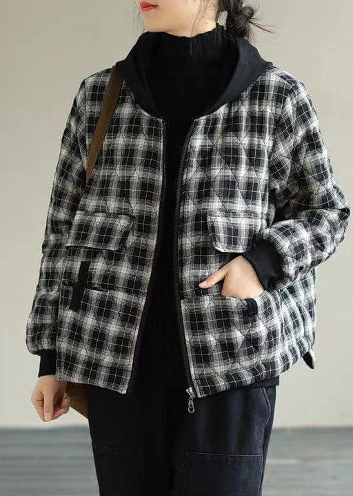 Women Black Plaid Hooded Fine Cotton Filled Puffers Jackets Winter - Down Jackets - DYAVOR®