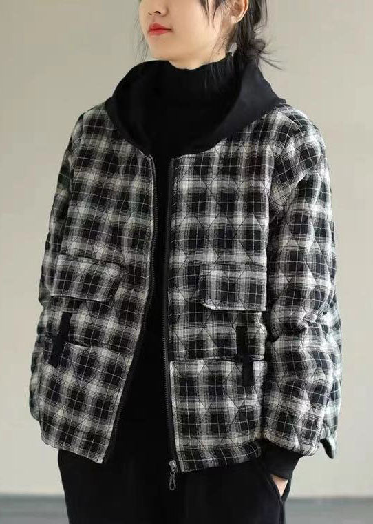 Women Black Plaid Hooded Fine Cotton Filled Puffers Jackets Winter - Down Jackets - DYAVOR®