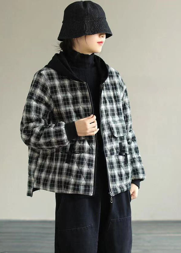 Women Black Plaid Hooded Fine Cotton Filled Puffers Jackets Winter - Down Jackets - DYAVOR®