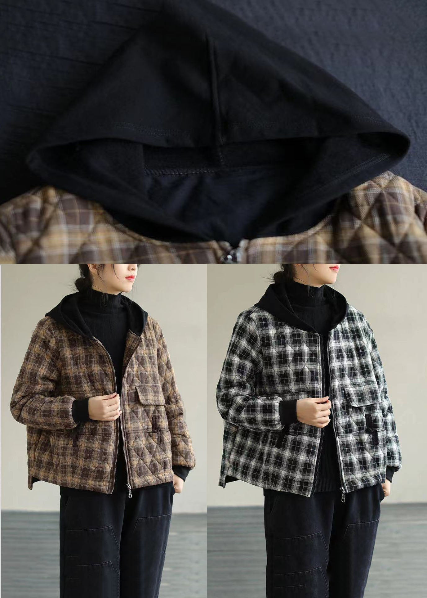 Women Black Plaid Hooded Fine Cotton Filled Puffers Jackets Winter - Down Jackets - DYAVOR®