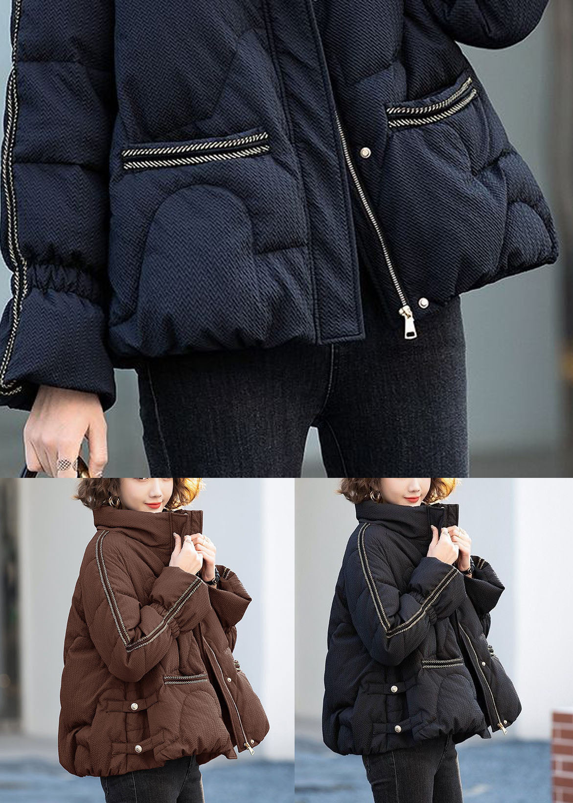 Women Black Stand Collar Zippered Duck Down Down Jacket Winter - Down Jackets - DYAVOR®